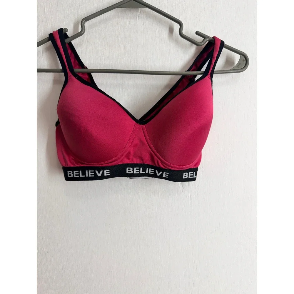 Believe Pink Sports Bra Padded Criss Cross Back Activewear Fuchsia Medium